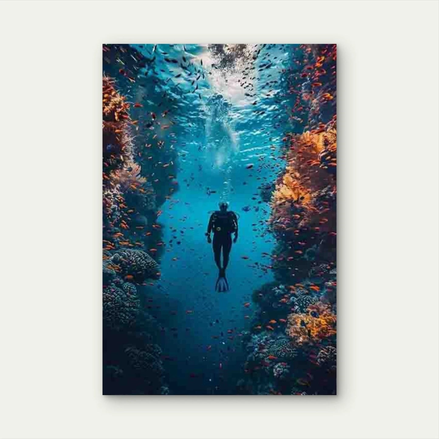 Vibrant Underwater Scene with Scuba Diver Metal Print Ready to Hang