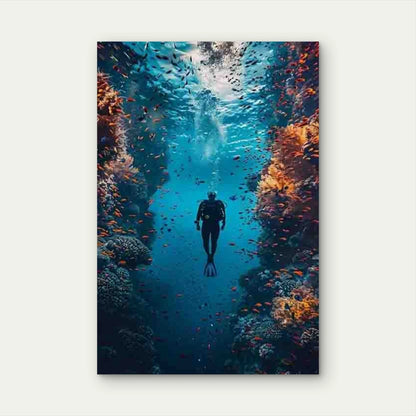 Vibrant Underwater Scene with Scuba Diver Metal Print Ready to Hang