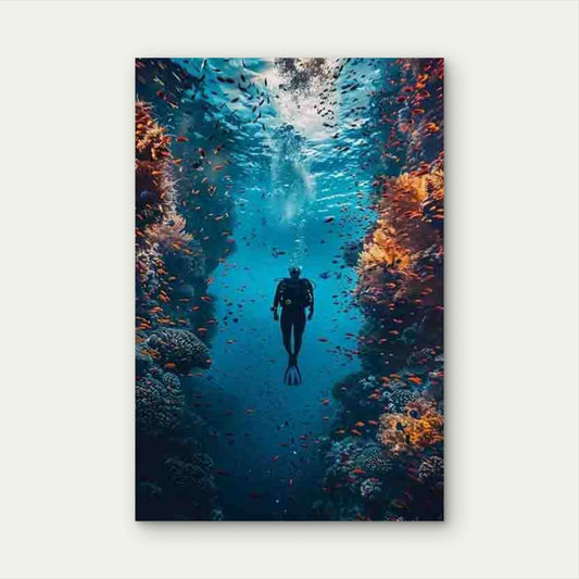 Vibrant Underwater Scene with Scuba Diver Metal Print Ready to Hang
