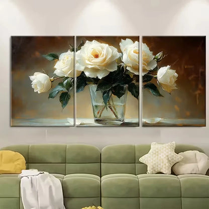 3pcs Still Life of White Rose in a Glass Painting Metal Print Ready to Hang Art