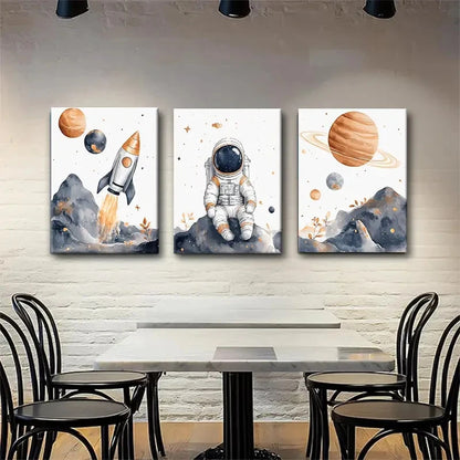3pcs Whimsical Outer Space Adventure Wall Art Set Canvas Framed 60x90cm - High Quality Print 100% Australian Made Wall Canvas Ready to Hang - Bella Home Decor