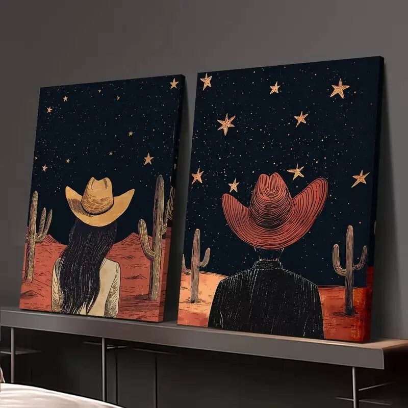 2pcs Western Cowboy & Starry Sky Canvas Framed 50x75cm - High Quality Print 100% Australian Made Wall Canvas Ready to Hang - Bella Home Decor