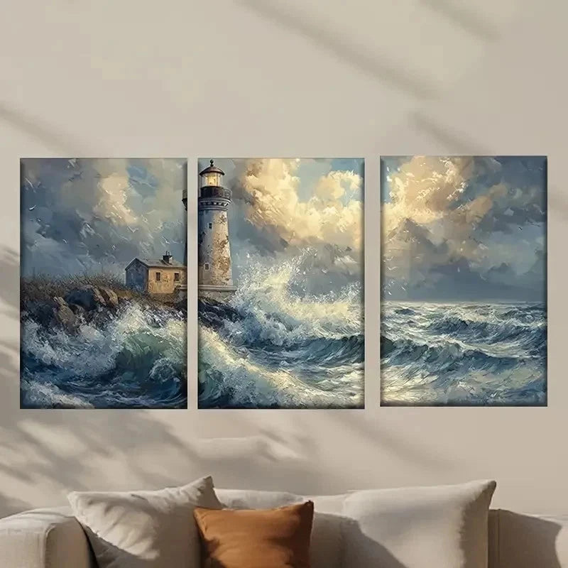 3pcs Abstract Lighthouse in the Ocean Wall Art Set Canvas Framed 50x70cm - High Quality Print 100% Australian Made Wall Canvas Ready to Hang - Bella Home Decor