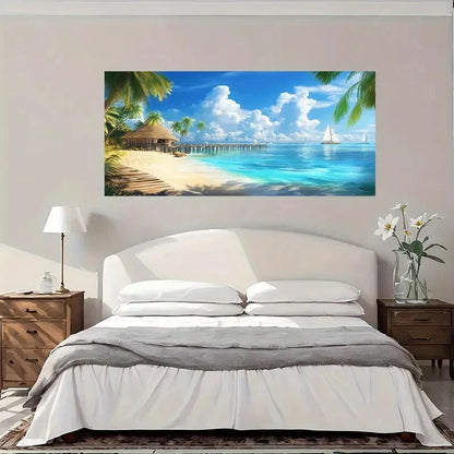 Tropical Beach Trees Overwater Wall Art Canvas Office Home Room Framed 120x60cm
