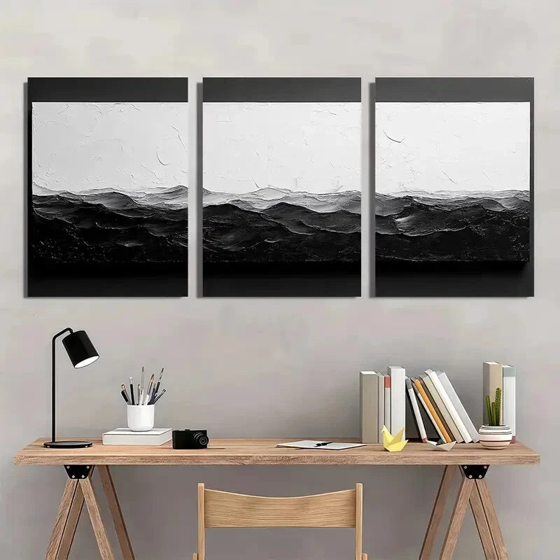 3pcs Black and White Abstract Textured Metal Print Ready to Hang Art - Bella Home Decor