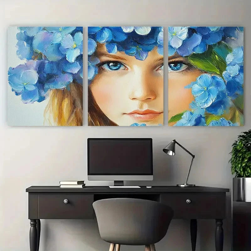 3pcs Hydrangea Flower Girl Portrait Illustration Metal Print Ready to Hang Art - Bella Home Decor