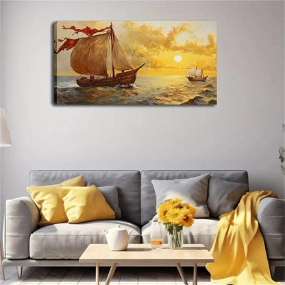 Two Sailboats Under Sunset Wall Art Canvas Office Home Room Framed 120x60cm - Bella Home Decor