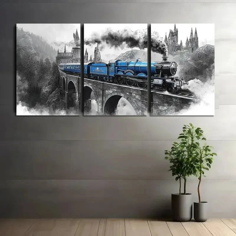 3pcs Black and White Smoke Train Scene Metal Print Ready to Hang Art - Bella Home Decor