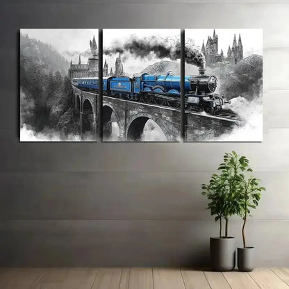 3pcs Black and White Smoke Train Scene Metal Print Ready to Hang Art - Bella Home Decor