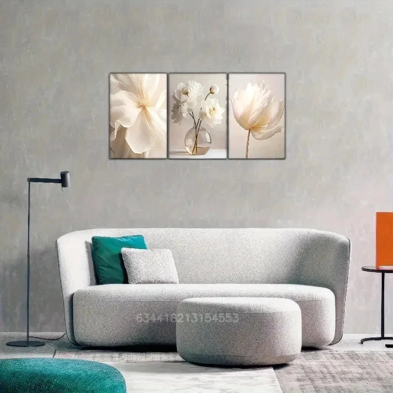 3pcs Artistic White Flowers Vase Simplicity Metal Print Ready to Hang Art - Bella Home Decor