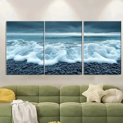 3pcs Sea Foam Waves Crashing on Rocky TI  Wall Art Set Canvas Framed 50x70cm - High Quality Print 100% Australian Made Wall Canvas Ready to Hang