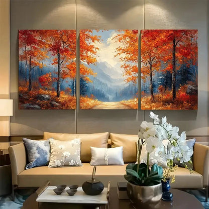 3pcs Autumn Foliage Pathway Countryside Scene Metal Print Ready to Hang Art