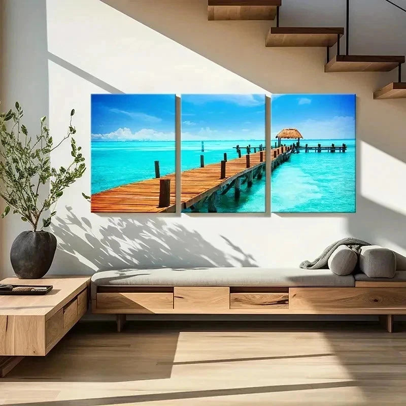 3pcs Seaside Landscape Art Pier Sea Wall Art Set Canvas Framed 60x90cm - High Quality Print 100% Australian Made Wall Canvas Ready to Hang