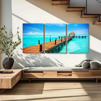 3pcs Seaside Landscape Art Pier Sea Wall Art Set Canvas Framed 60x90cm - High Quality Print 100% Australian Made Wall Canvas Ready to Hang