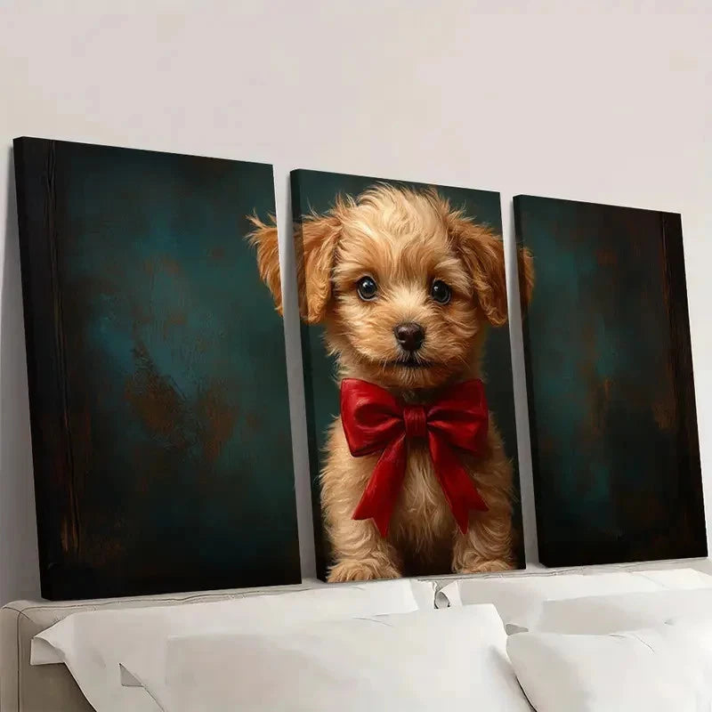 3pcs The Big Red Bow Fine Art Print Dog K Wall Art Set Canvas Framed 40x60cm - High Quality Print 100% Australian Made Wall Canvas Ready to Hang