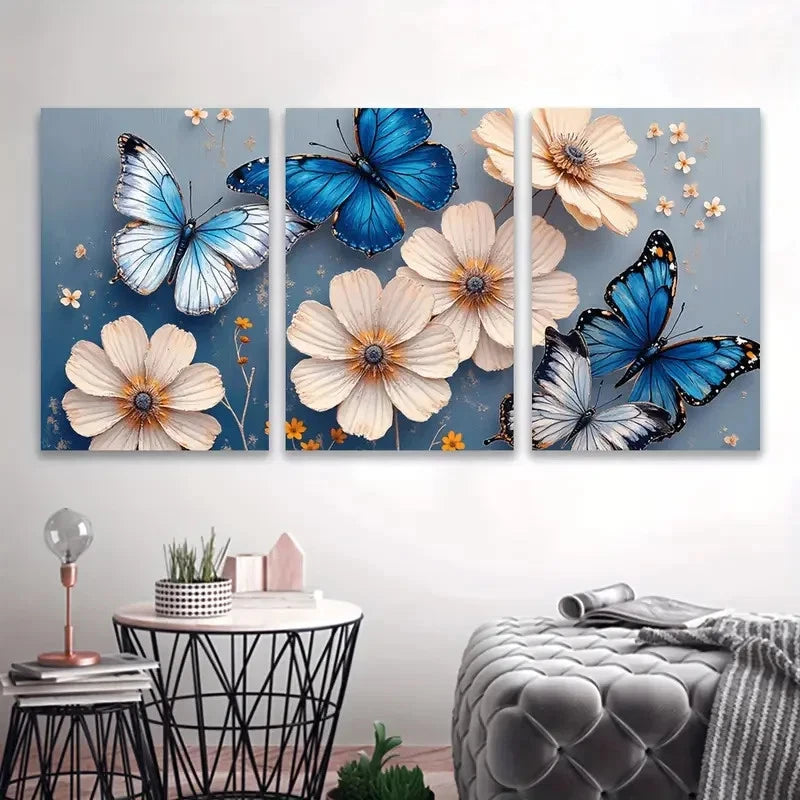 3pcs Blue Butterfly And White Art Wall Art Set Canvas Framed 50x70cm - High Quality Print 100% Australian Made Wall Canvas Ready to Hang - Bella Home Decor