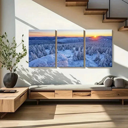 3pcs Snowy Landscape with Sunset Reflection Wall Art Set Canvas Framed 50x70cm - High Quality Print 100% Australian Made Wall Canvas Ready to Hang