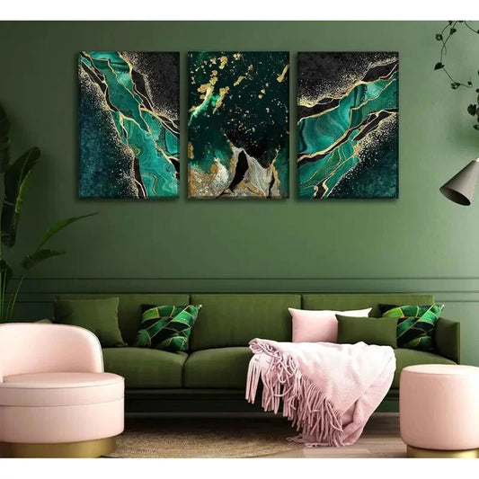 3pcs Green and Golden Marble Texture Metal Print Ready to Hang Art