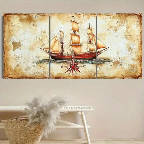 3pcs Vintage Nautical Ship and Compass Rose Wall Art Set Canvas Unframed - High Quality Print 100% Australian Made Wall Canvas