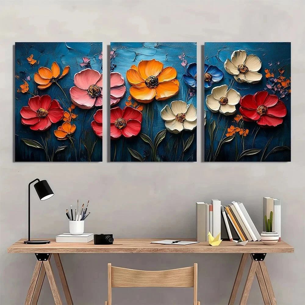 3pcs Boho Chic Abstract Floral Vibrant Textured Metal Print Ready to Hang Art - Bella Home Decor