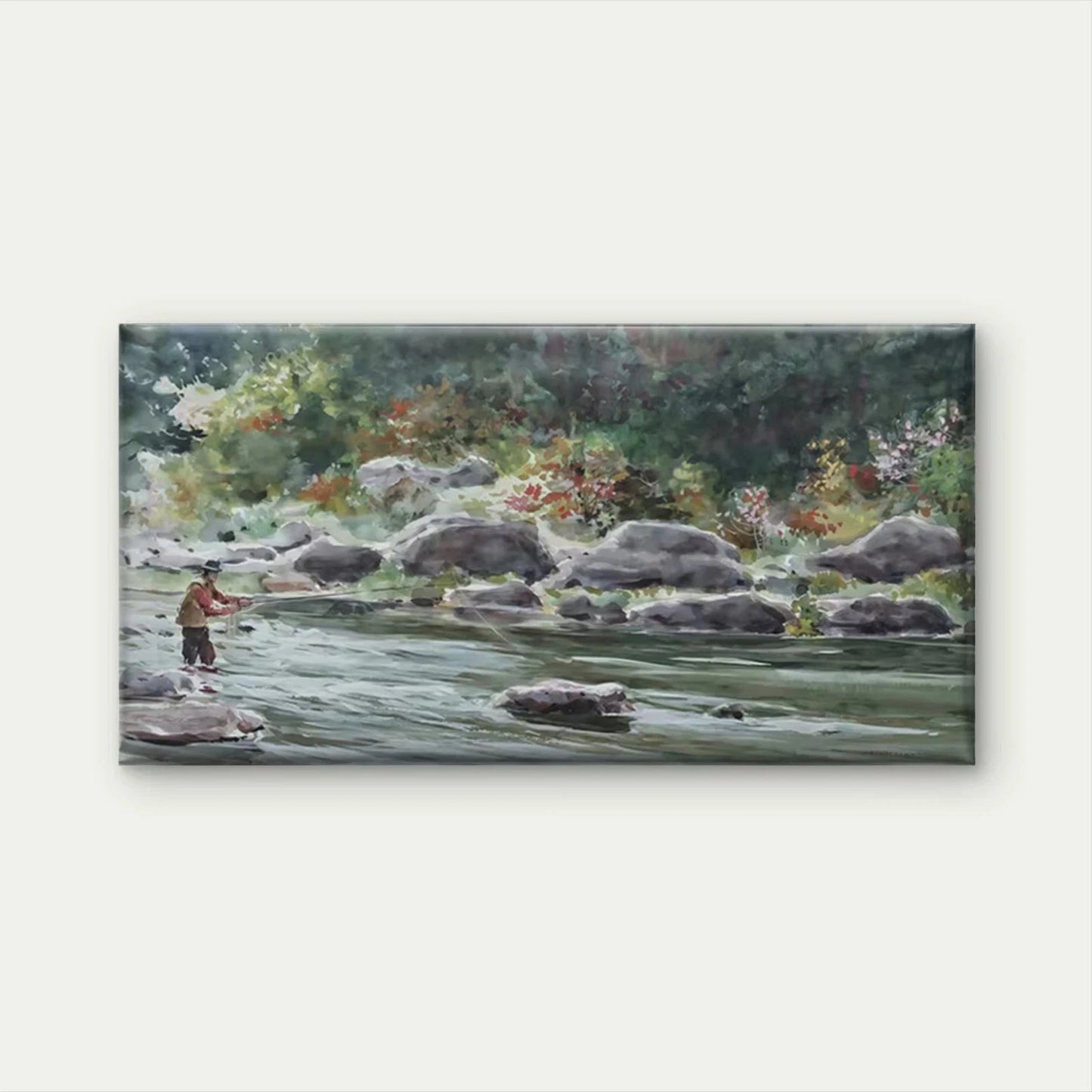 Serene River & Fishing Scene Wall Art Canvas Office Home Room Framed 120x60cm