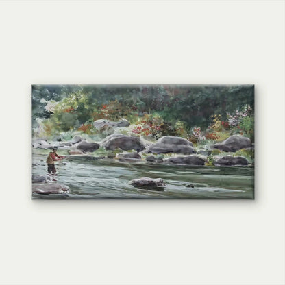 Serene River & Fishing Scene Wall Art Canvas Office Home Room Framed 120x60cm