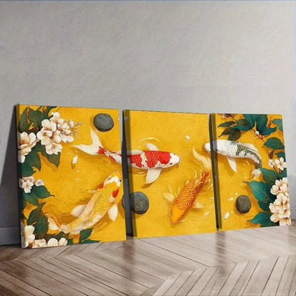 3pcs Koi Fish In A Pond Of Stones And Flowers Wall Art Canvas Unframed - High Quality Print 100% Australian Made Wall Canvas