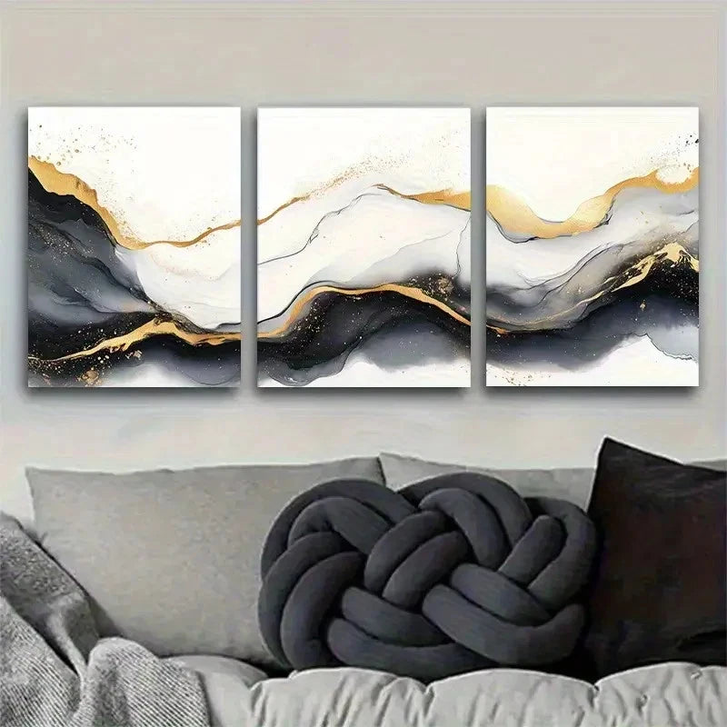 3pcs Abstract Ink Black White and Golden Metal Print Ready to Hang Art - Bella Home Decor