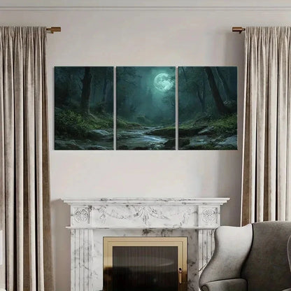 3pcs Moonlit Forest Stream Mystical Night Scene Metal Print Ready to Hang Art - Bella Home Decor