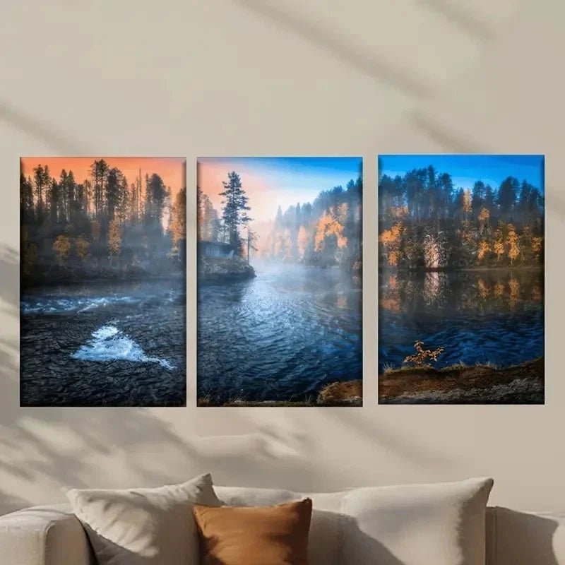 3pcs River in the Middle of a Forest Wall Art Set Canvas Framed 50x70cm - High Quality Print 100% Australian Made Wall Canvas Ready to Hang