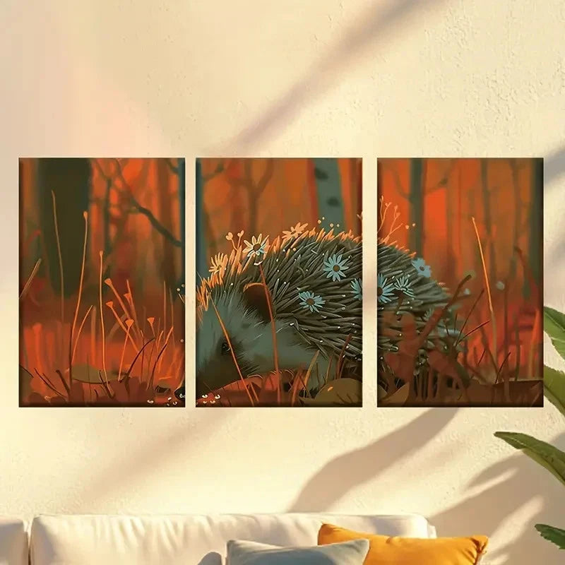 3pcs Hedgehog of the Dusk Forest Wall Art Set Canvas Framed 60x90cm - High Quality Print 100% Australian Made Wall Canvas Ready to Hang