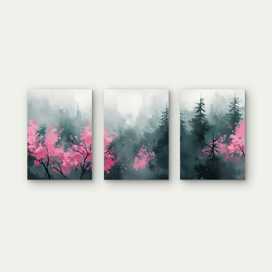 3pcs Pink Blossoms In The Misty Pines Wall Art Set Canvas Framed 60x90cm - High Quality Print 100% Australian Made Wall Canvas Ready to Hang - Bella Home Decor