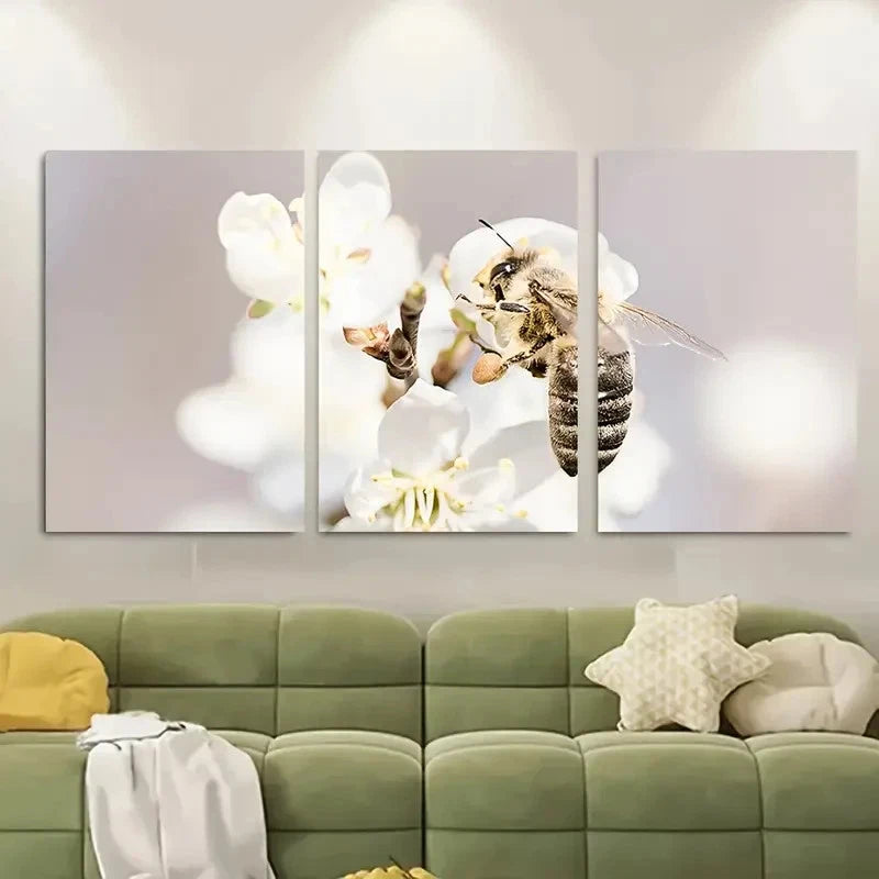 3pcs , Bee On A Flower Spring Macro Floral Metal Print Ready to Hang Art - Bella Home Decor