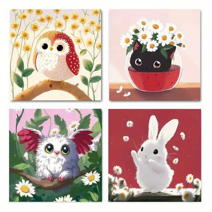 4pcs Whimsical Cartoon Animal & Botanical Daisy Wall Art Canvas Framed