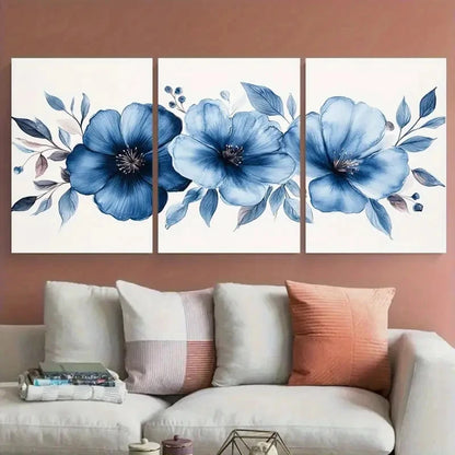 3pcs Elegant Blue Floral Watercolor Design Metal Print Ready to Hang Art - Bella Home Decor