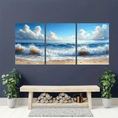 3pcs Beach Ocean Wave Seascape Oil Painting Metal Print Ready to Hang Art - Bella Home Decor