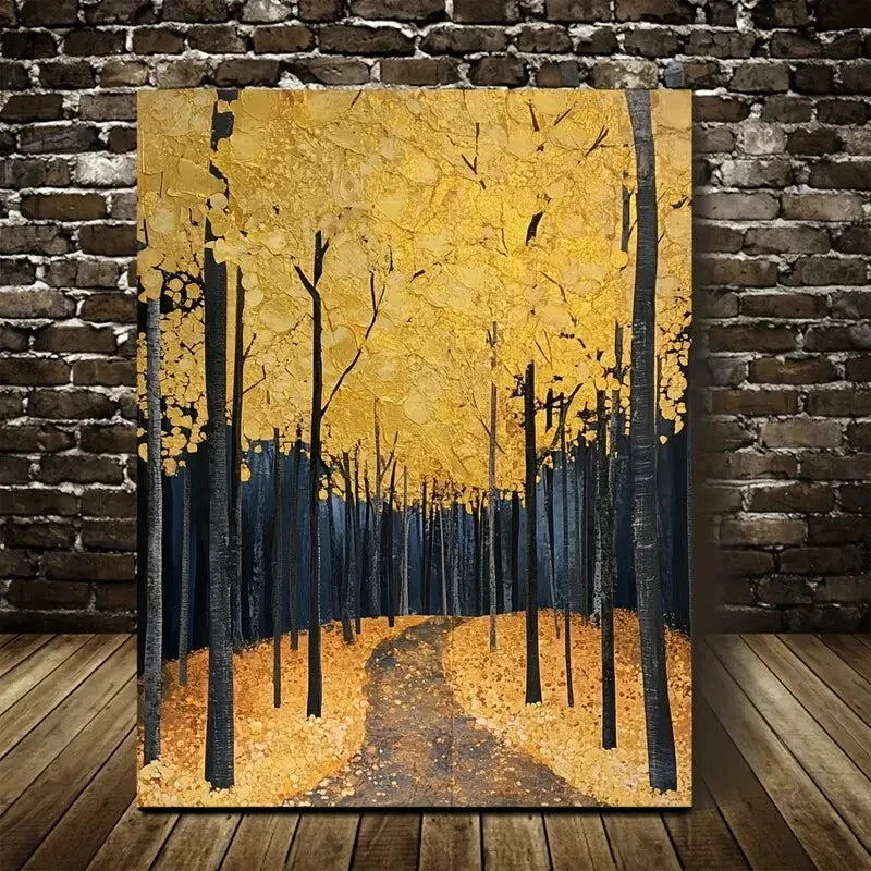 Vibrant Golden Forest Path with Tall Trees Painting 40x60cm Metal Print Ready to Hang