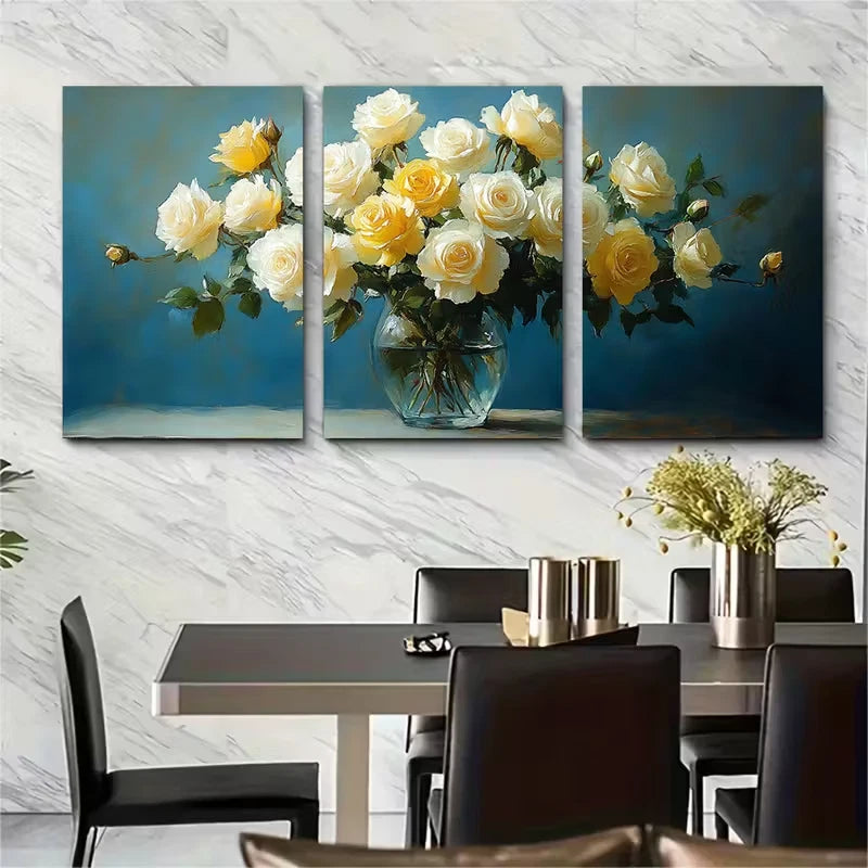 3pcs Still Life of White and Yellow Roses Metal Print Ready to Hang Art