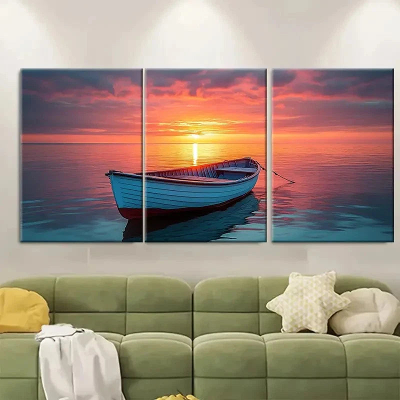 3pcs Sunrise Fisherman'S Boat Design EI   Wall Art Set Canvas Framed 50x70cm - High Quality Print 100% Australian Made Wall Canvas Ready to Hang - Bella Home Decor