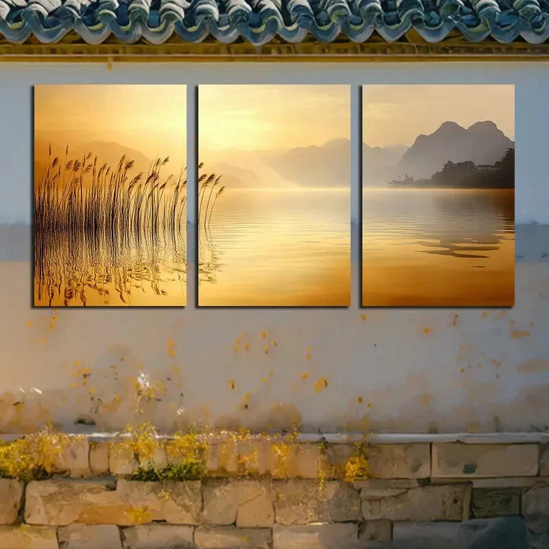 3pcs Vibrant Reeds by the lake Illustration Metal Print Ready to Hang Art - Bella Home Decor