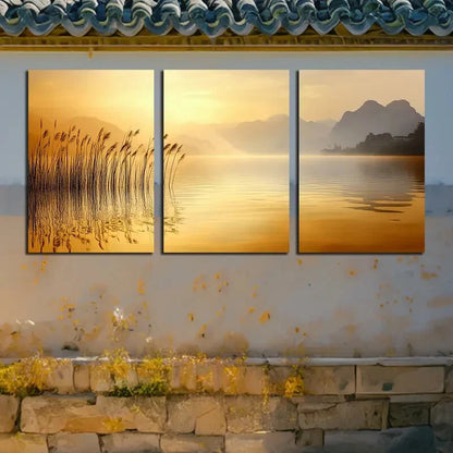 3pcs Vibrant Reeds by the lake Illustration Metal Print Ready to Hang Art - Bella Home Decor