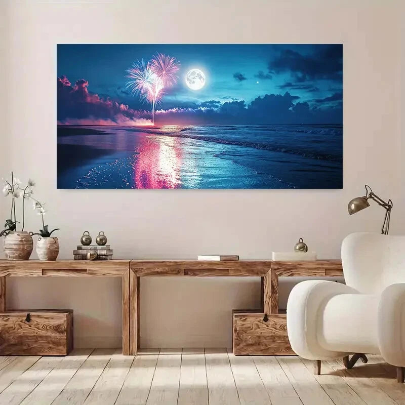 Beach Scene with Fireworks wall canvas office home room framed 120x60cm - Bella Home Decor