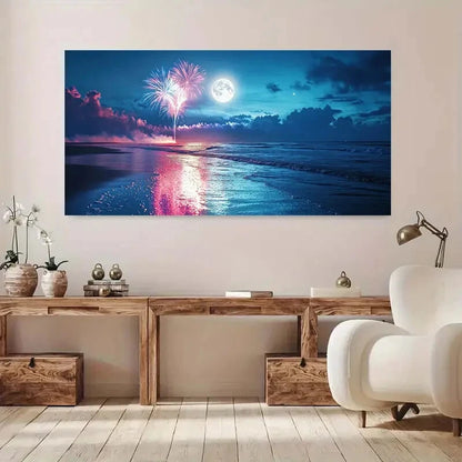 Beach Scene with Fireworks wall canvas office home room framed 120x60cm - Bella Home Decor