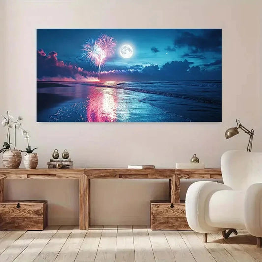 Beach Scene with Fireworks wall canvas office home room framed 120x60cm - Bella Home Decor