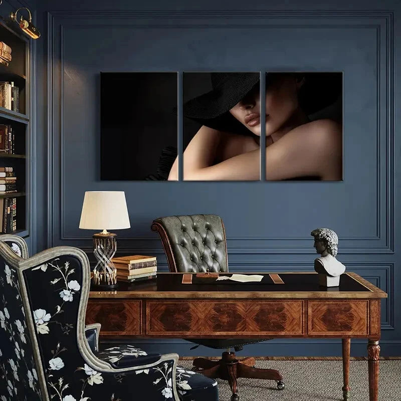 3pcs Mysterious Fashion Elegant Woman Black Hat Metal Print Ready to Hang Art - Bella Home Decor
