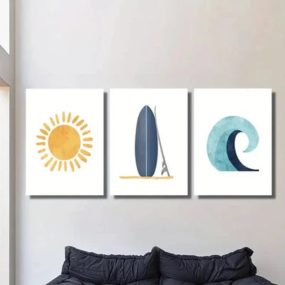 3pcs orange sun sunshine doodle, blue surfboard Wall Art Set Canvas Unframed - High Quality Print 100% Australian Made Wall Canvas