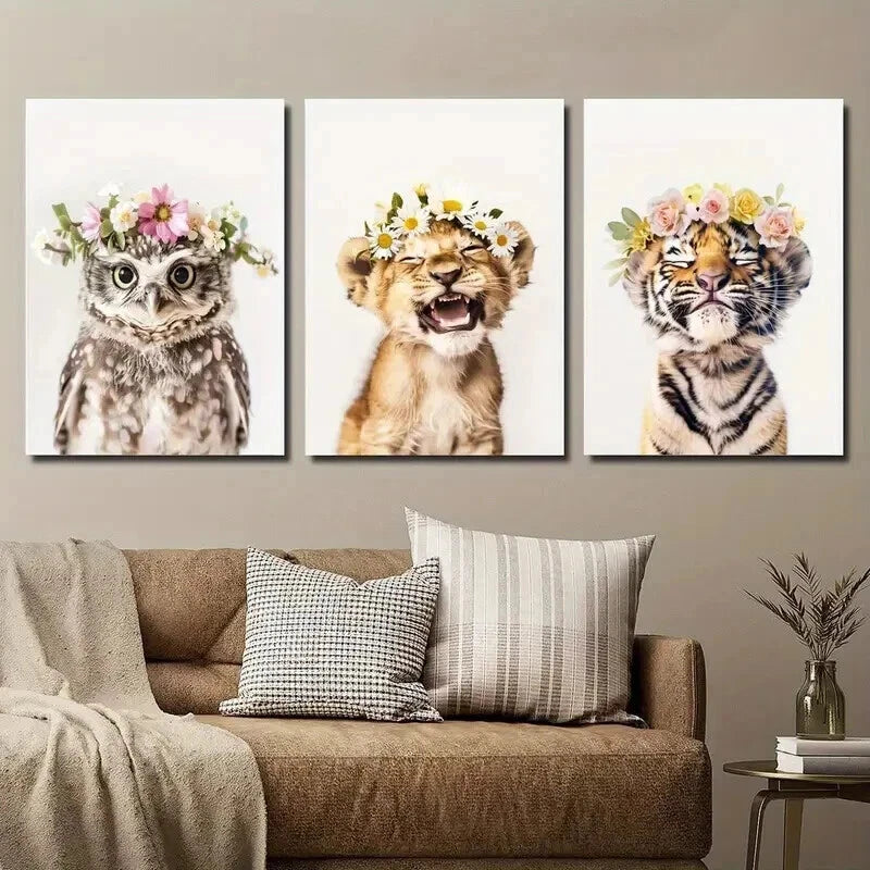 3pcs Adorable Animal Floral Crowns Perfect Wall Art Set Canvas Framed 50x70cm - High Quality Print 100% Australian Made Wall Canvas Ready to Hang - Bella Home Decor