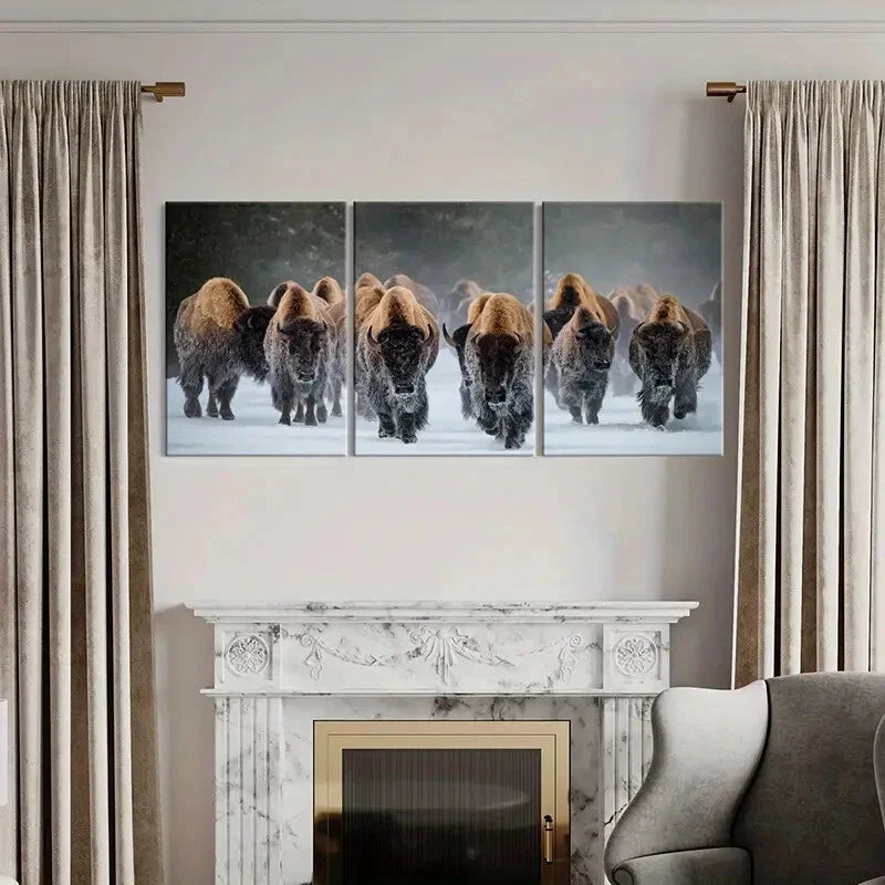 3pcs Winter Bison Herd Snow Landscape Photography Metal Print Ready to Hang Art - Bella Home Decor