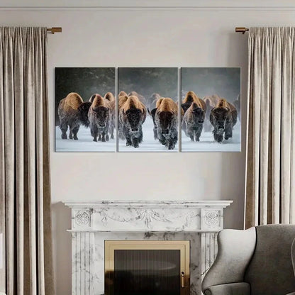 3pcs Winter Bison Herd Snow Landscape Photography Metal Print Ready to Hang Art - Bella Home Decor