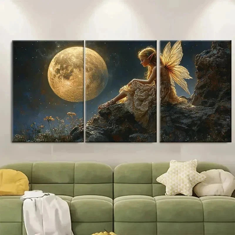3pcs Moonlit Pixie Fairy Fantasy Decor W  Wall Art Set Canvas Framed 50x70cm - High Quality Print 100% Australian Made Wall Canvas Ready to Hang